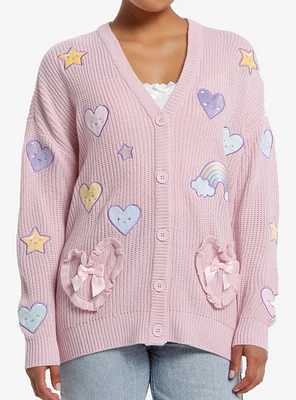 Sweet Society Rainbow Hearts & Star Patch Pastel Pink Girls Cardigan