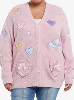 Sweet Society Rainbow Hearts & Star Patch Pastel Pink Girls Cardigan Plus