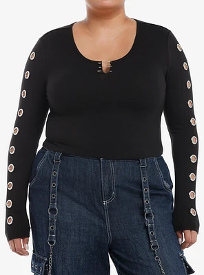 Social Collision Grommet & Safety Pin Girls Crop Long-Sleeve Top Plus