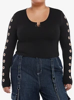 Social Collision Grommet & Safety Pin Girls Crop Long-Sleeve Top Plus