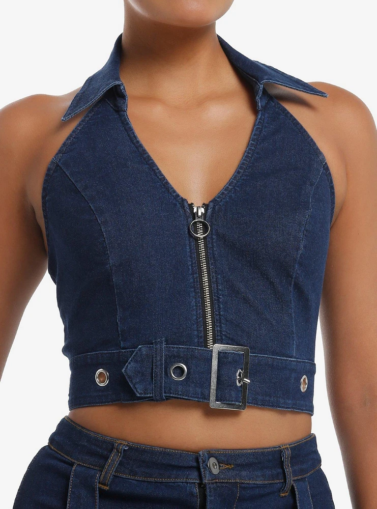 Dark Indigo Grommet Buckle Strap Denim Girls Halter Top