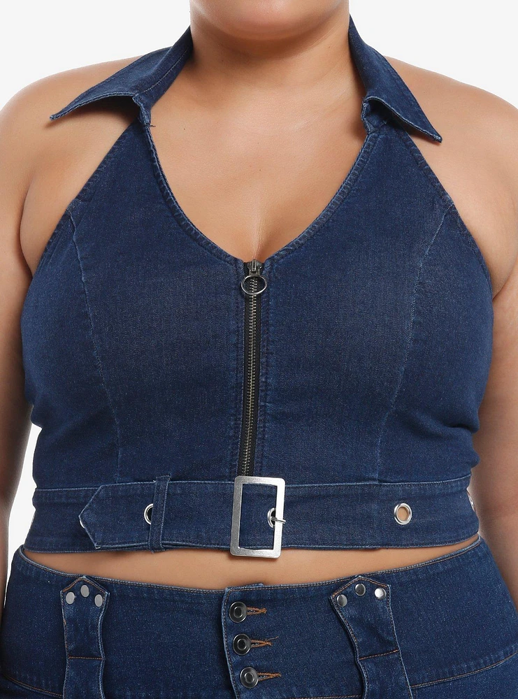 Dark Indigo Grommet Buckle Strap Denim Girls Halter Top Plus