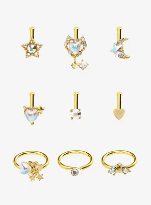 Steel Gold Stars & Hearts Nose Stud Hoop 9 Pack