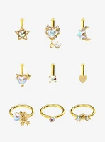 Steel Gold Stars & Hearts Nose Stud Hoop 9 Pack