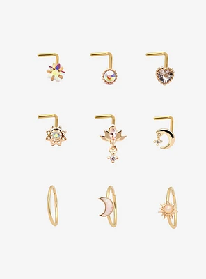 Steel Gold Lotus Moon Nose Stud & Hoop 9 Pack