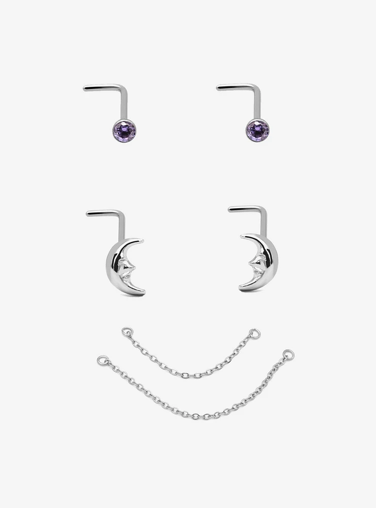 Steel Silver Moon & Faux Amethyst Nose Stud Chain 2 Pack