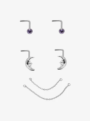 Steel Silver Moon & Faux Amethyst Nose Stud Chain 2 Pack