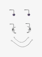 Steel Silver Moon & Faux Amethyst Nose Stud Chain 2 Pack