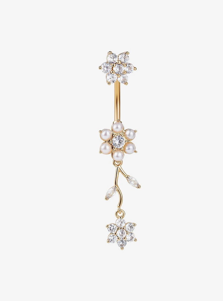 Steel Gold Pearl & Gem Flowers Navel Barbell