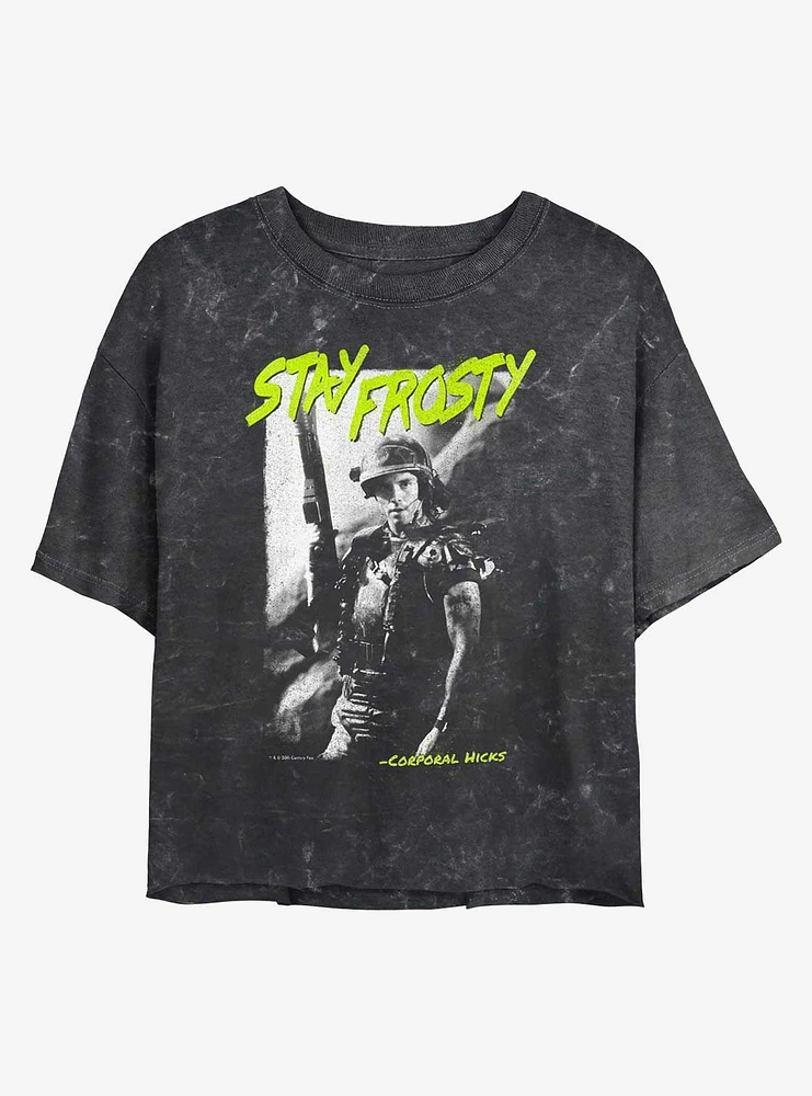 Alien Stay Frosty Corporal Hicks Girls Mineral Wash Crop T-Shirt