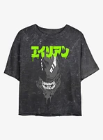 Alien Big Face Kanji Girls Mineral Wash Crop T-Shirt