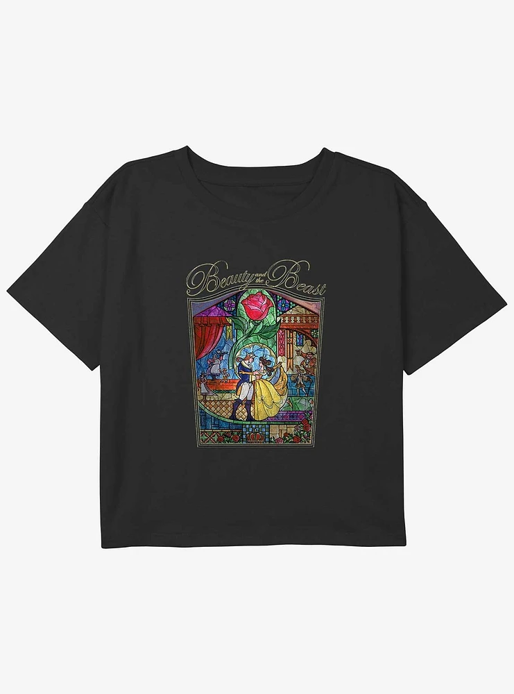 Disney Beauty and the Beast Stained Glass Love Story Youth Girls Boxy Crop T-Shirt