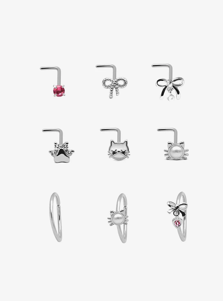 Steel Silver Bows & Cats Nose Stud Hoop 9 Pack