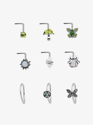 Steel Silver Mushroom & Spider Nose Stud Hoop 9 Pack