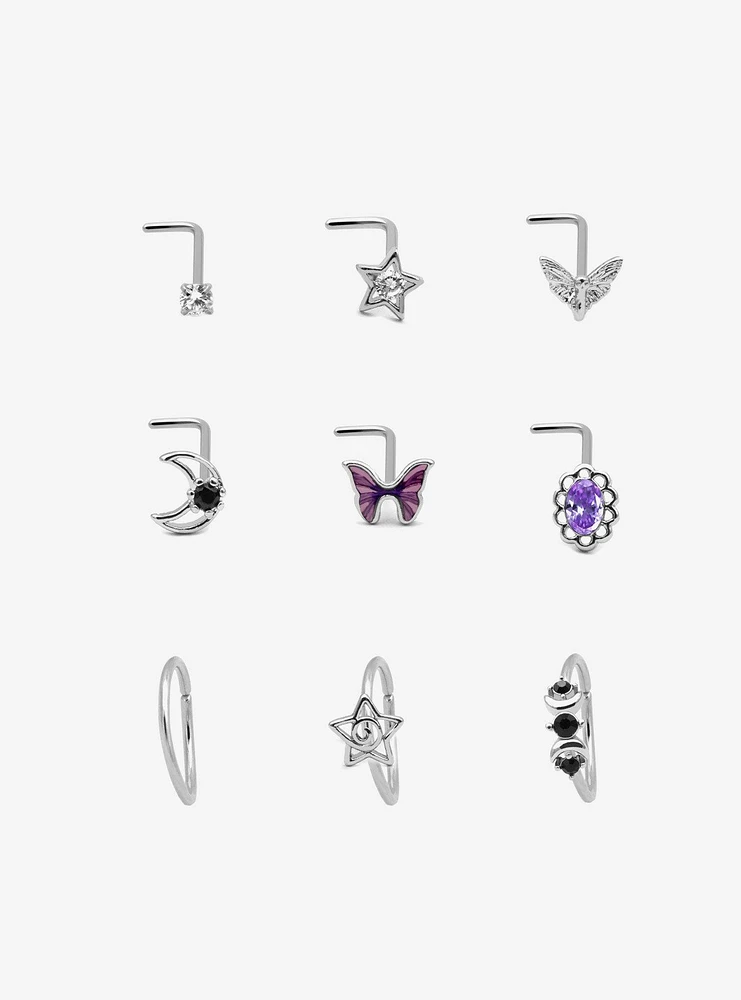 Steel Silver Fairy Wing & Star Nose Stud Hoop 9 Pack