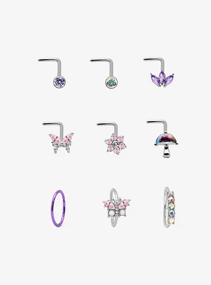 Steel Silver Pink Butterfly & Mushroom Nose Stud Hoop 9 Pack