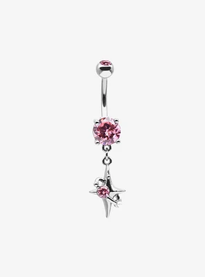 14G Steel Silver Pink Gem Starburst Navel Barbell