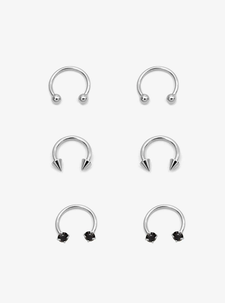 Steel Silver Spike & Black Gem Curved Barbell 6 Pack