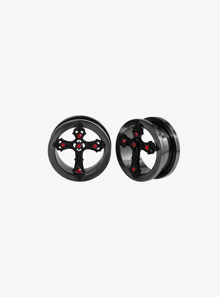 Steel Black & Red Gothic Cross Tunnel Plug 2 Pack