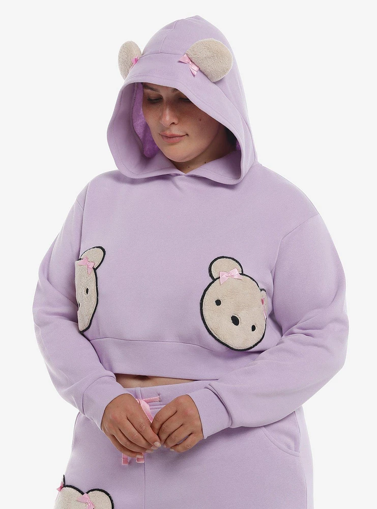 Lavender Teddy Bear Girls Crop Hoodie Plus