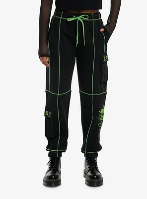 Social Collision Black & Green Skull Cargo Girls Jogger Sweatpants