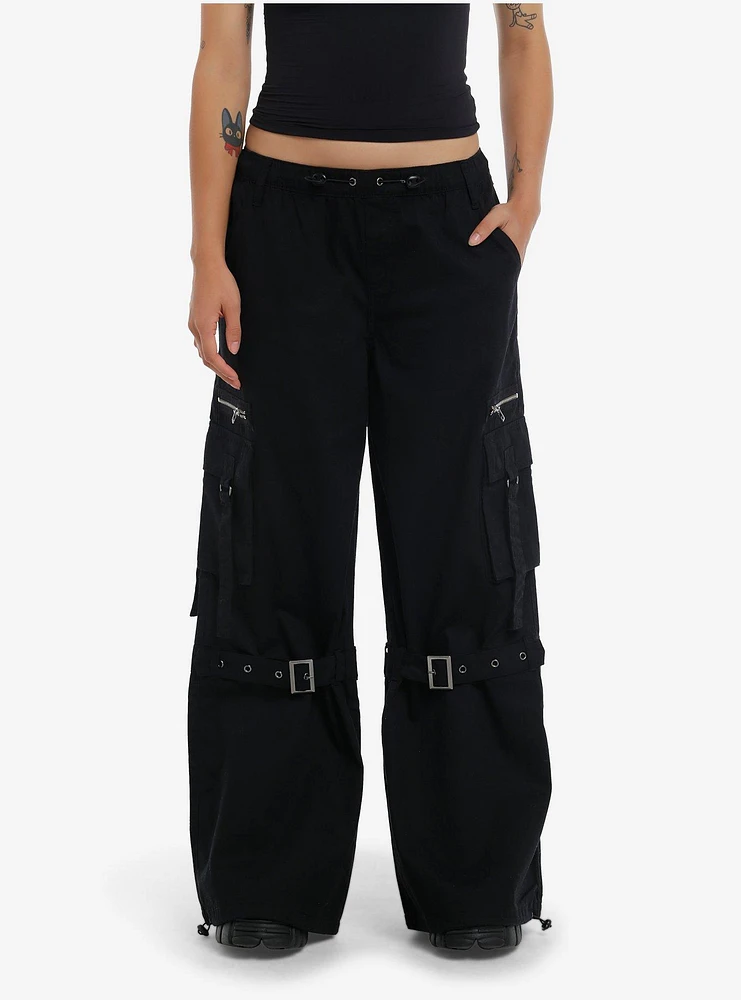 Social Collision Black Grommet Strap Zipper Cargo Wide Leg Pants