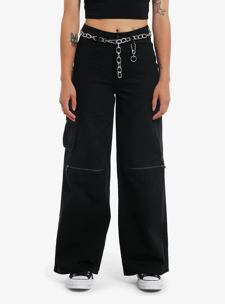 Black Zipper Cargo Wide Leg Pants With Belt