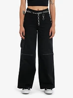 Black Zipper Cargo Wide Leg Pants With Belt