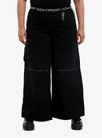 Black Zipper Cargo Wide Leg Pants With Belt Plus