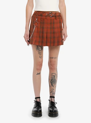 Thorn & Fable Orange Plaid Side Chain Belted Skirt