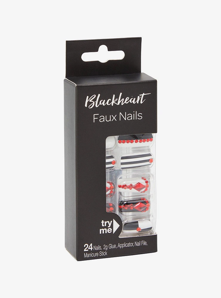 Blackheart Stripe Red Gem Faux Nail Set