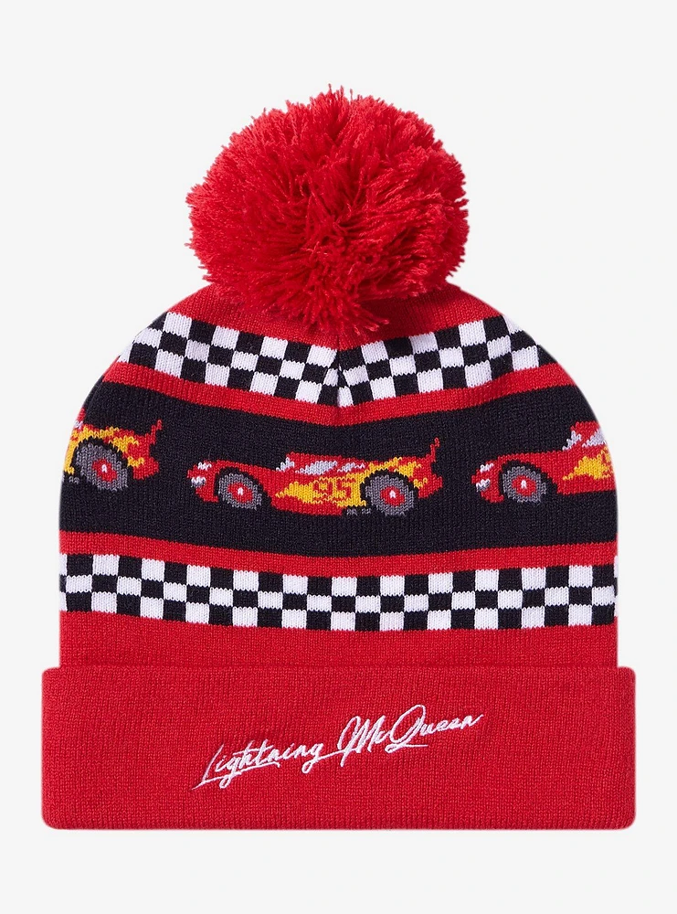 Disney Pixar Cars Lightning McQueen Checkered Pom Pom Youth Beanie