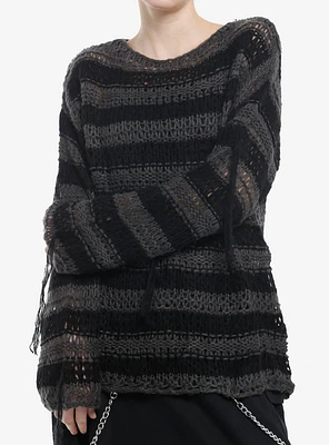 Black & Grey Stripe Destructed Girls Sweater