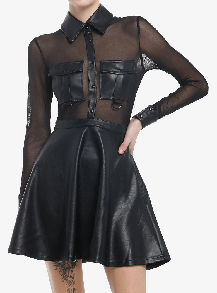 Killstar Black Faux Leather Mesh Long-Sleeve Dress