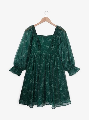 Disney Mickey Mouse Holiday Greenery Allover Print Long Sleeve Smock Dress - BoxLunch Exclusive