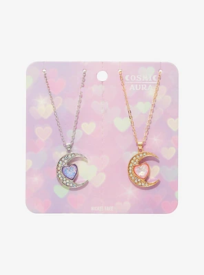 Cosmic Aura Rhinestone Moon Heart Best Friend Necklace Set