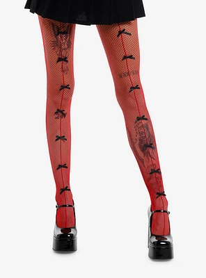 Red Fishnet Black Bow Tights