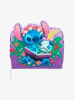 Loungefly Disney Lilo & Stitch Scrump & Stitch Reading Floral Small Zip Wallet - BoxLunch Exclusive