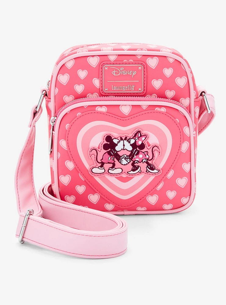 Loungefly Disney Mickey & Minnie Mouse Heart Allover Print Crossbody Bag - BoxLunch Exclusive