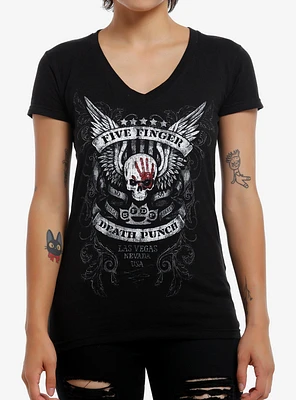 Five Finger Death Punch Winged Skull Girls V-Neck T-Shirt