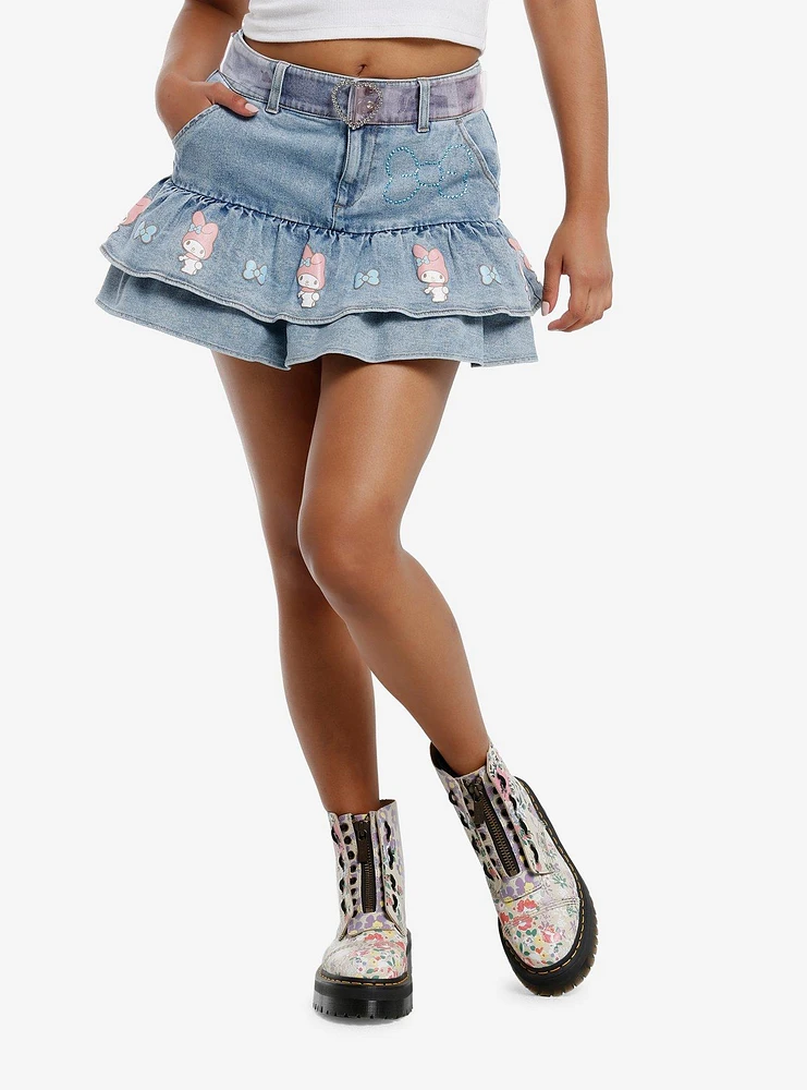 My Melody Rhinestone Tiered Denim Skirt With Belt