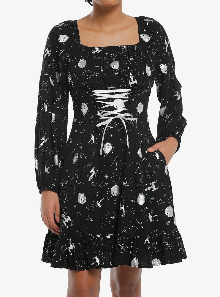 Star Wars Foil Print Lace-Up Long-Sleeve Dress