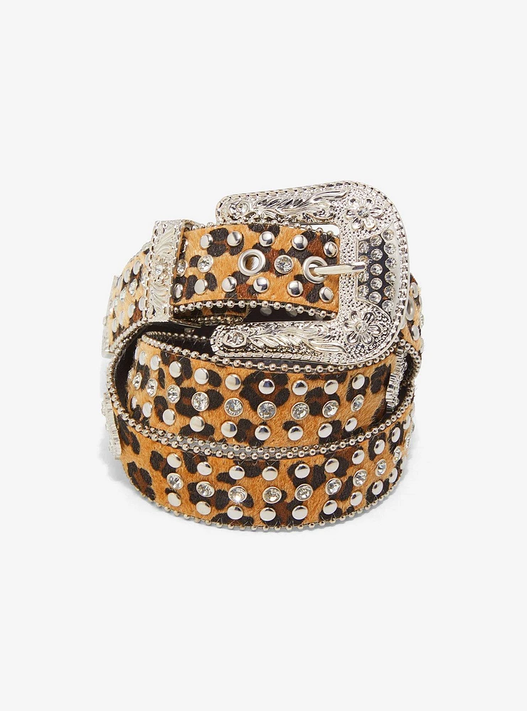 Leopard Print Stud & Rhinestone Western Belt