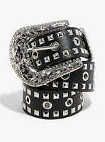 Black & Silver Pyramid Studded Western Bling Belt