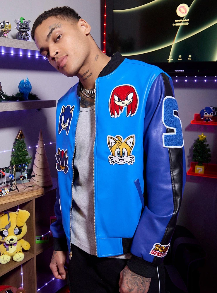 Sonic The Hedgehog Patch Faux Leather Varsity Jacket