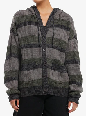 Social Collision Grey & Dark Green Stripe Girls Oversized Cardigan