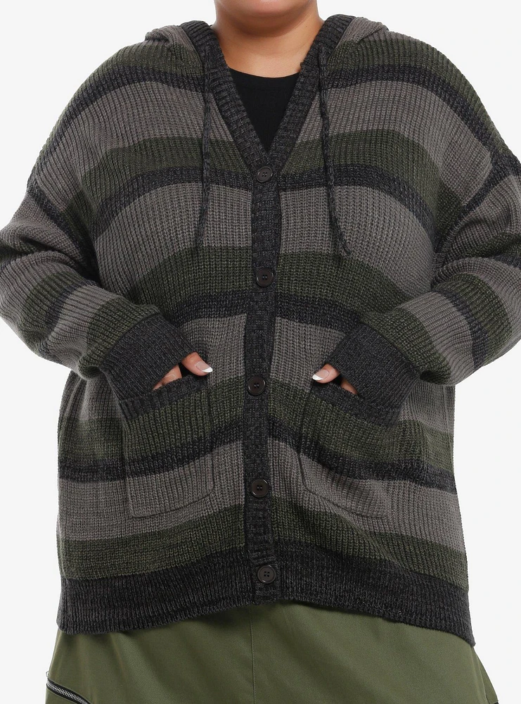 Social Collision Grey & Dark Green Stripe Girls Oversized Cardigan Plus