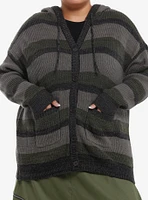 Social Collision Grey & Dark Green Stripe Girls Oversized Cardigan Plus