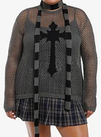 Social Collision Cross Open Knit Girls Sweater With Stripe Scarf Plus