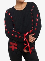 Social Collision Black Cable Knit Red Ribbon Girls Crop Sweater